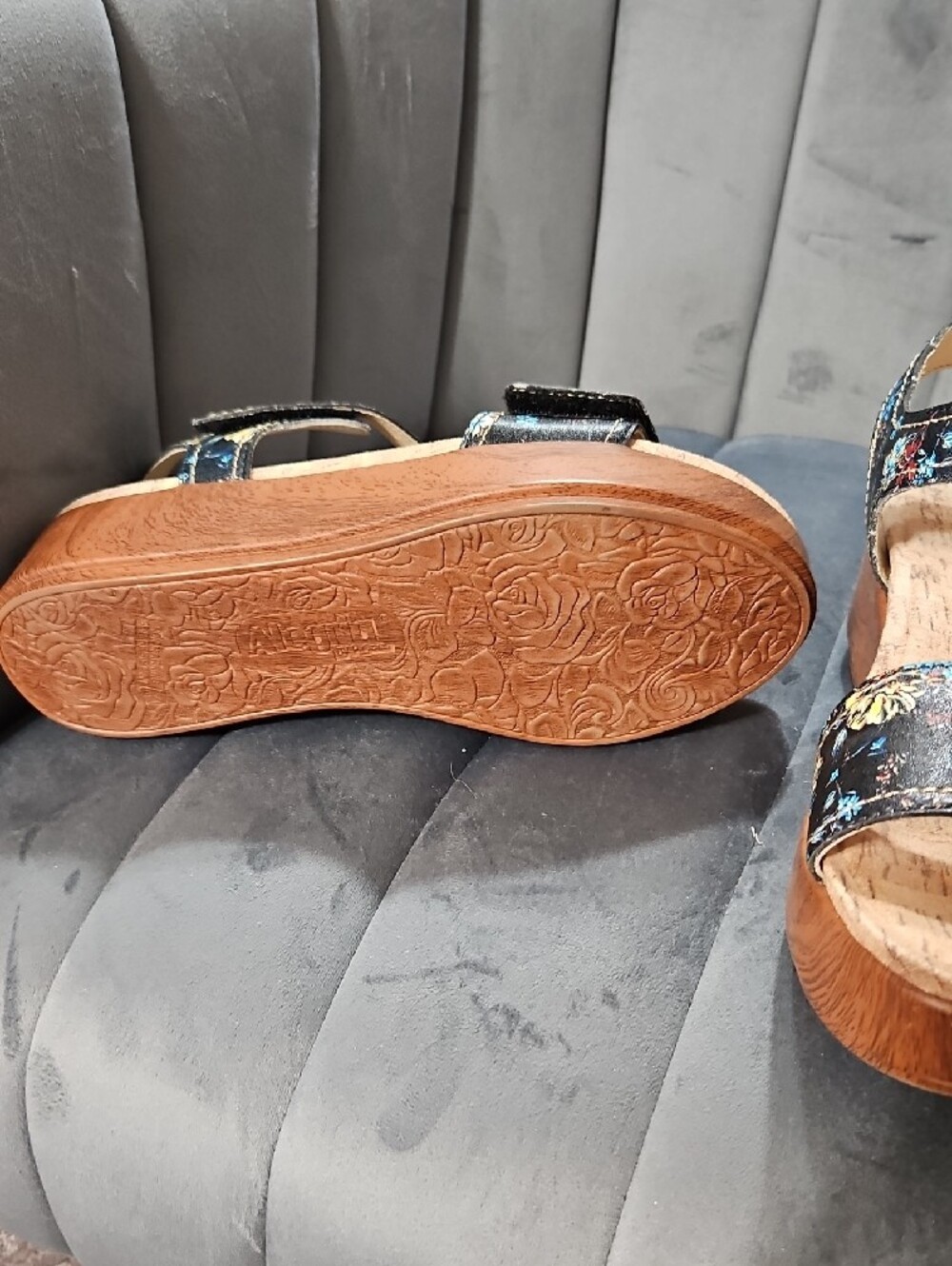 Alegria Black Floral Platform Sandals with Wood-Look Sole - Picture 3 of 5